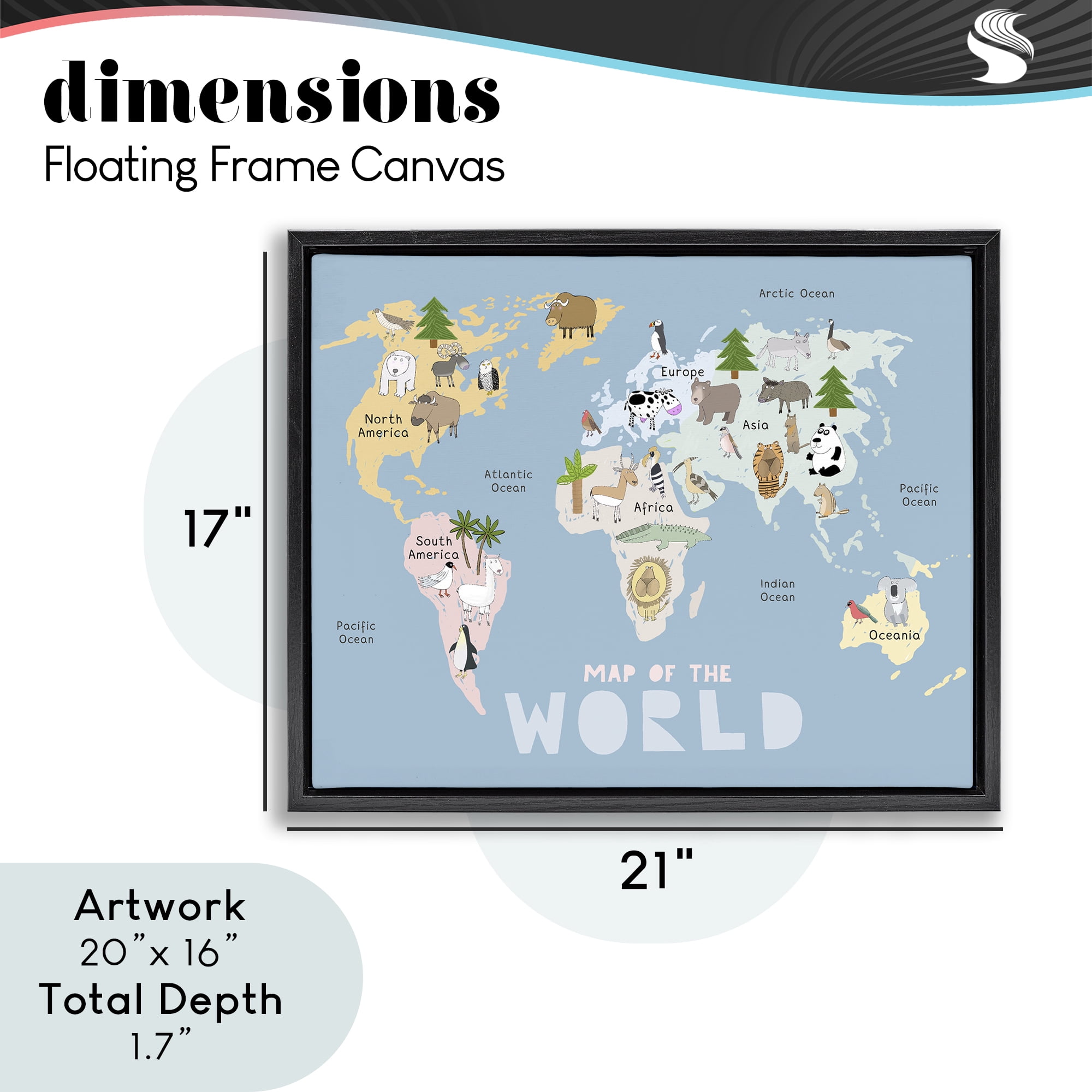 Kid's Map Of World Blue Black Framed Floater Canvas Wall Art, design by Carla Daly