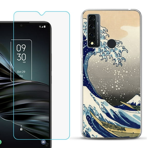 Slim-Fit Fashion Phone Case for TCL 20 XE, with Tempered Glass Screen Protector, by OneToughShield ® - Great Wave