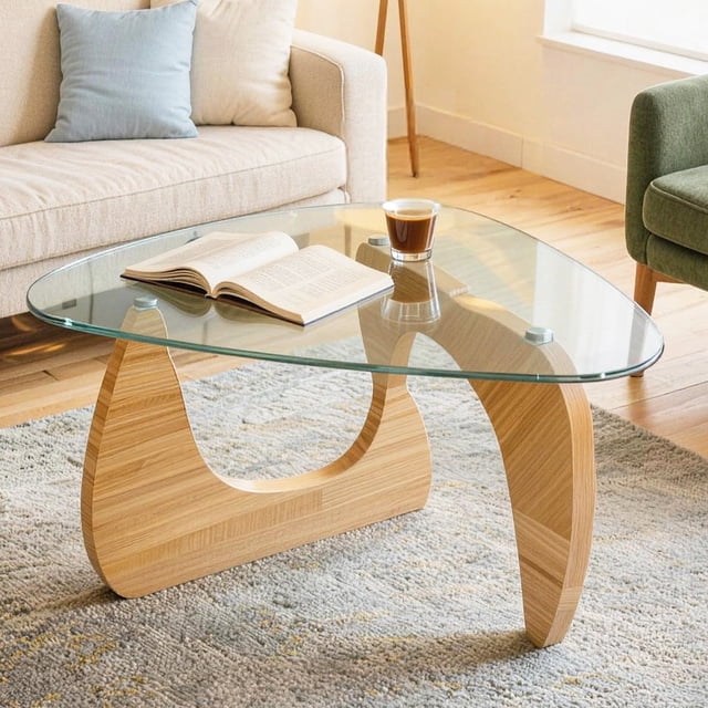 31.5 Inch Coffee Table for Living Room, Mid Century Modern Center Table with Clear Glass Top and Cherry Wood Base, Transparent/Cherry