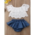 thumbnail image 3 of Toddler Newborn Baby Girl Denim Shorts Outfits Off Shoulder Lace Tops+Jean Shorts Skirt Clothes Set for 0-3 Months Girl, 3 of 7