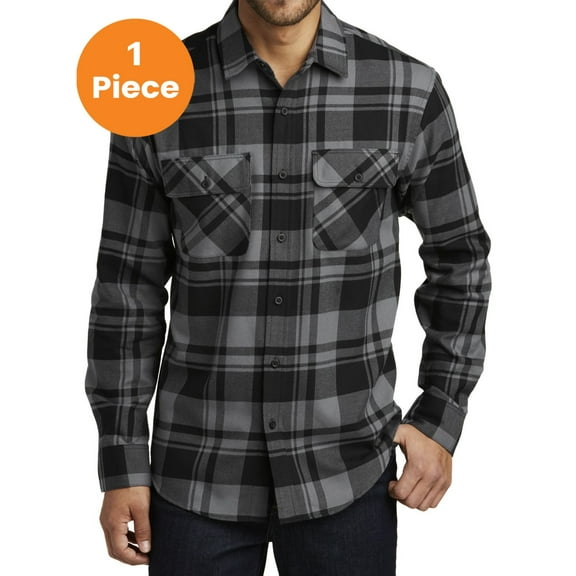 Port Authority W668 Plaid Flannel Shirt, Grey/ Black, XS, Mens Casual Button Down Shirts