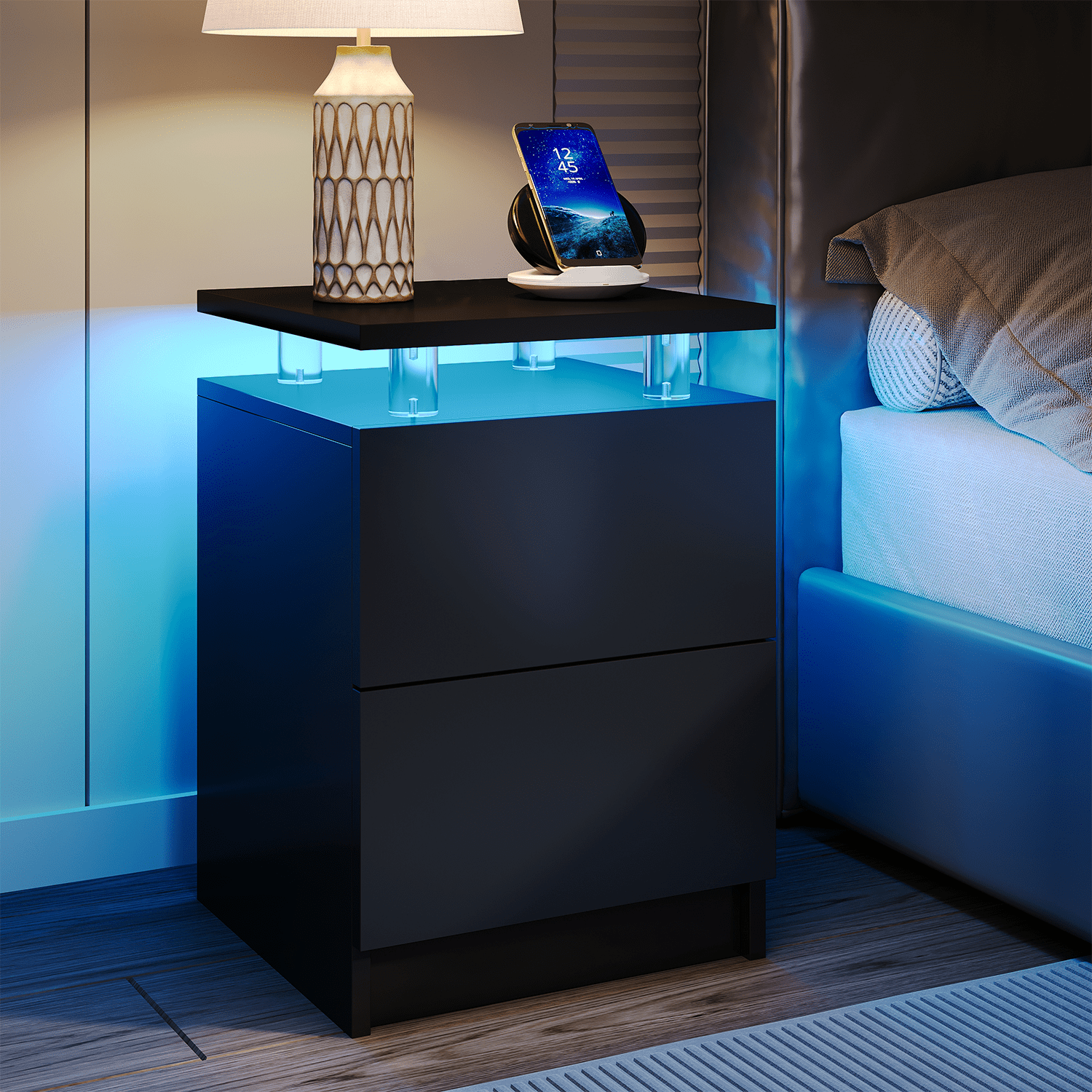 Sonegra Nightstand Set of 2, LED End Table with 2 Storage Drawers, Sofa Side Table for Living Room and Bedroom, Black 15IN