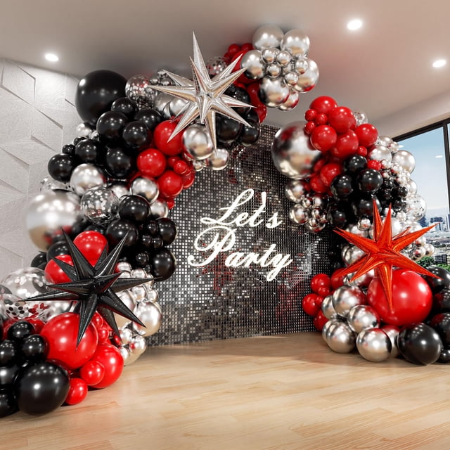 Kit de arco de globos Anjerlfu rojo y negro con 3 globos en forma de estrella