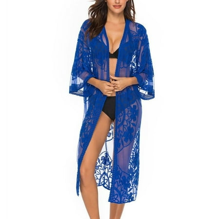 SWSMCLT Women s Crochet Beach Cover Up Boho Hippie Light Beachwear Bikini Bathing Suit Coverup Dress See Through Open Front Cardigan Dress Short Sleeve Knee Length Blue Small-Large