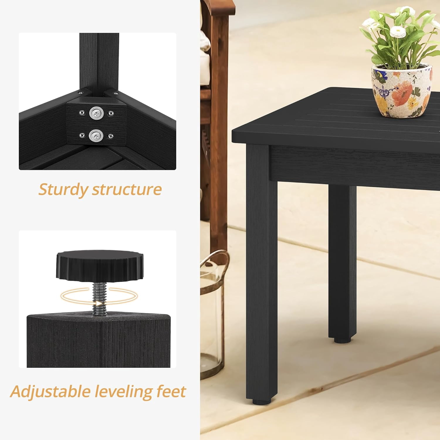 LUE BONA Outdoor Coffee Table Rectangle, HDPS Patio Table for Outside, 17.7"x 35"x 17.7", Black