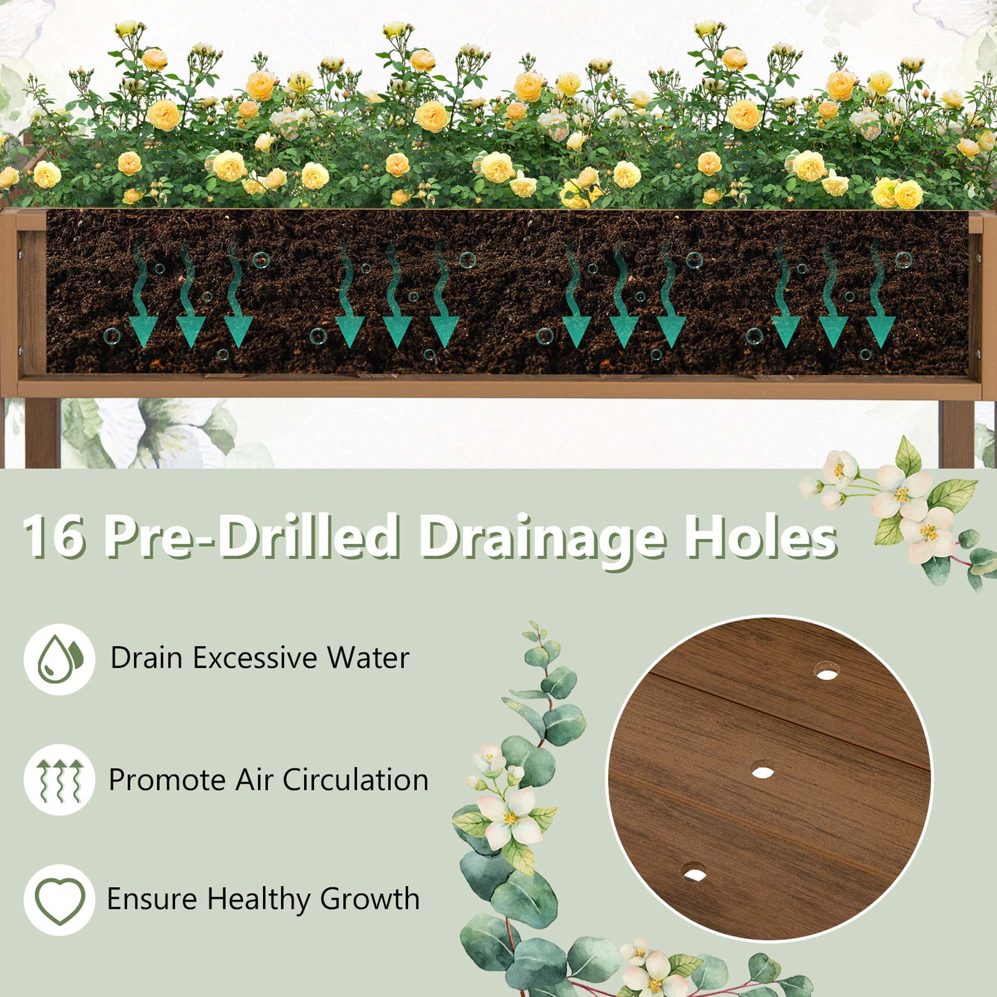 Costway HIPS Raised Garden Bed Poly Wood Elevated Planter Box with Legs, Storage Shelf Coffee