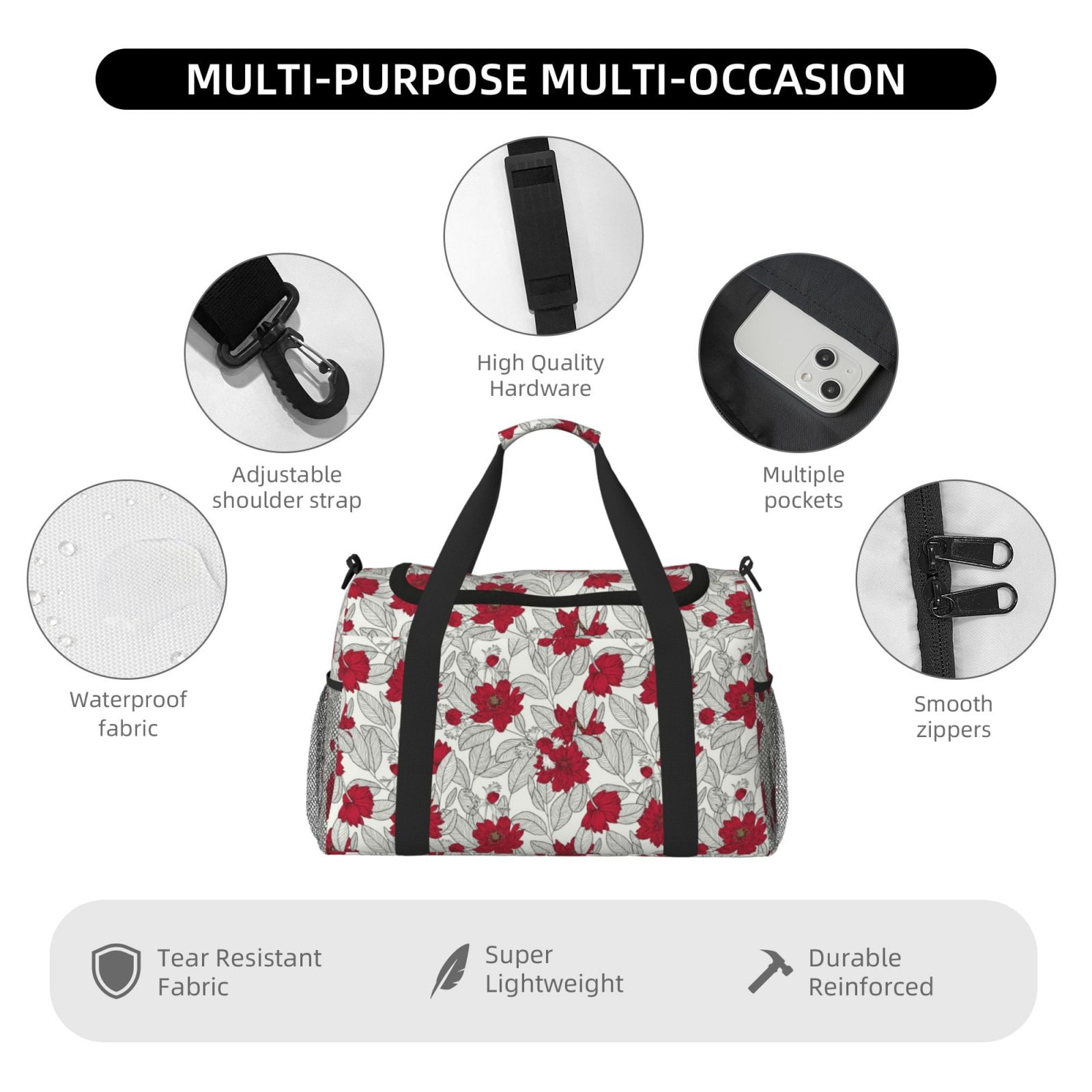 Fuzoiu Leaves And Anemone Flowers In Red Grey Print Travel Duffle Bag,Carry On Tote Bags,Duffel Bag,Sport Gym Bag, Hospital Bag for Labor and Delivery, Overnight Bag,Luggage Bag