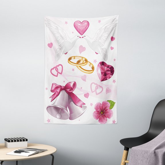 Wedding Decorations Tapestry, Wedding Themed Artwork Invitation Announcement Hearts Rings Birds, Wall Hanging for Bedroom Living Room Dorm Decor, 40W X 60L Inches, Pink White Gold, by Ambesonne