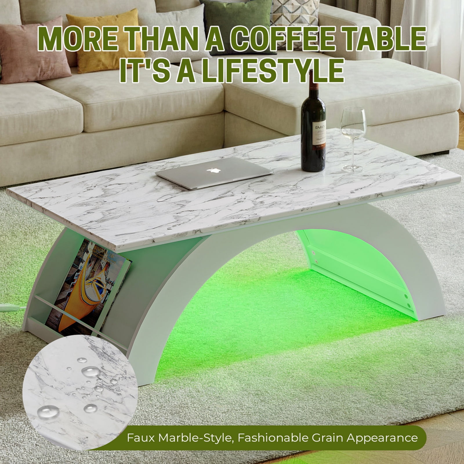 Coffee Tables for Living Room, 45" Marble Coffee Table with RGB Strip, Smart Coffee Table with Storage for Living Room/Dining Reception