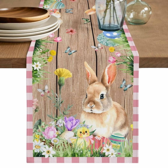 Table Runner 72 Inches Long for Kitchen Dining, Happy Easter Bunny Dresser Scarf Farmhouse, Dining Table Decorations for Wedding/Parties, Spring Floral Wooden Pink Plaid 14 x 72 In