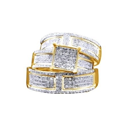 Gold Wedding Band Set - White Natural Diamond Engagement & Wedding Trio Band Ring Set In 10k Yellow Gold (1.1 Cttw)