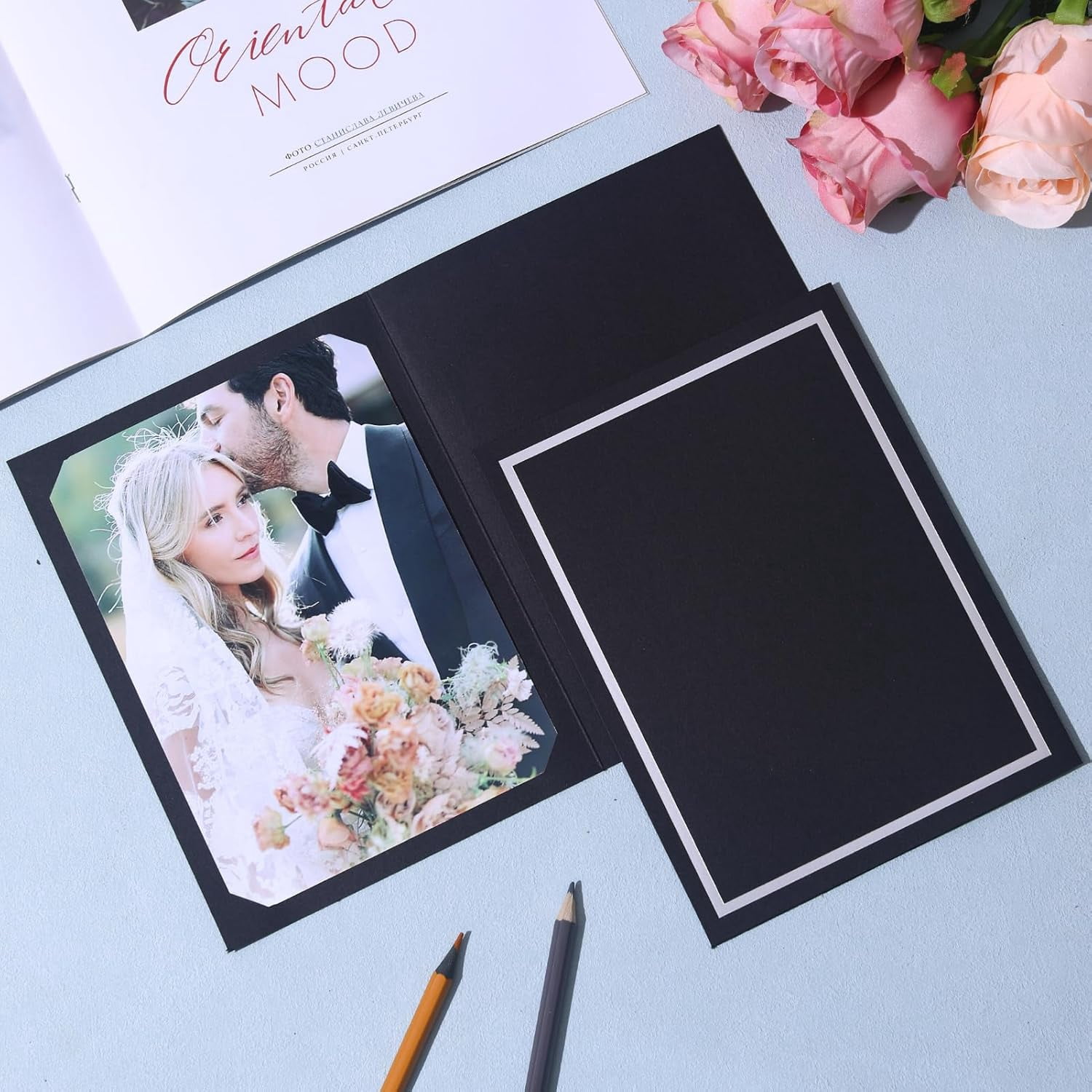50 photo album for 46 or 57 photos, paper photo frame, cardboard greeting card frame, suitable for Mother's Day, Christmas, New Year, weddings, birthdays, classroom (Black with silver foil)