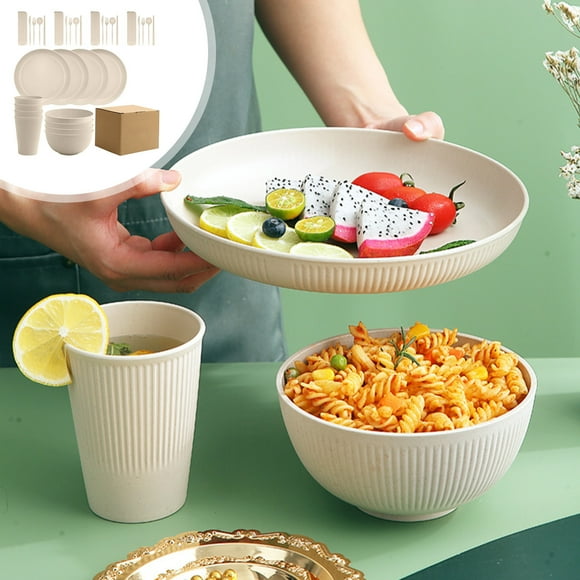 Bilqis Deals 32pc Straw Dinnerware Kitchen Plates And Bowls Plastic Plates Reusable Straw Cutlery Plastic Dinnerware Dishwasher Microwave Safe Dishes