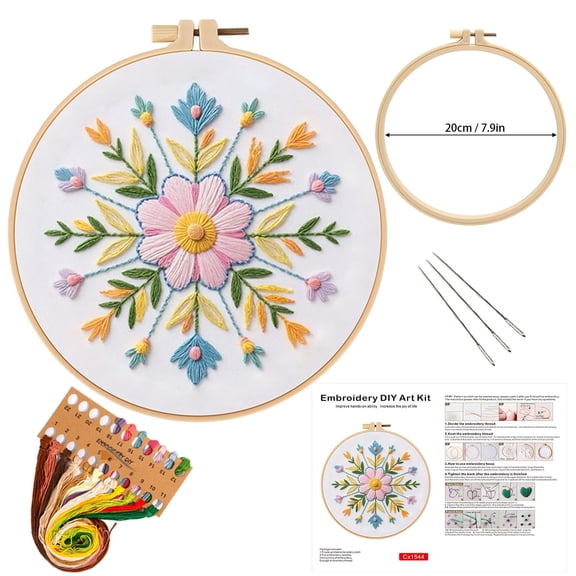 Embroidery Starter Kit for Beginners Adults, Needlepoint Kits, Cross Stitch Kits with Hoop, Threads, Needles, Video - Mandala Floral DIY Home Decor
