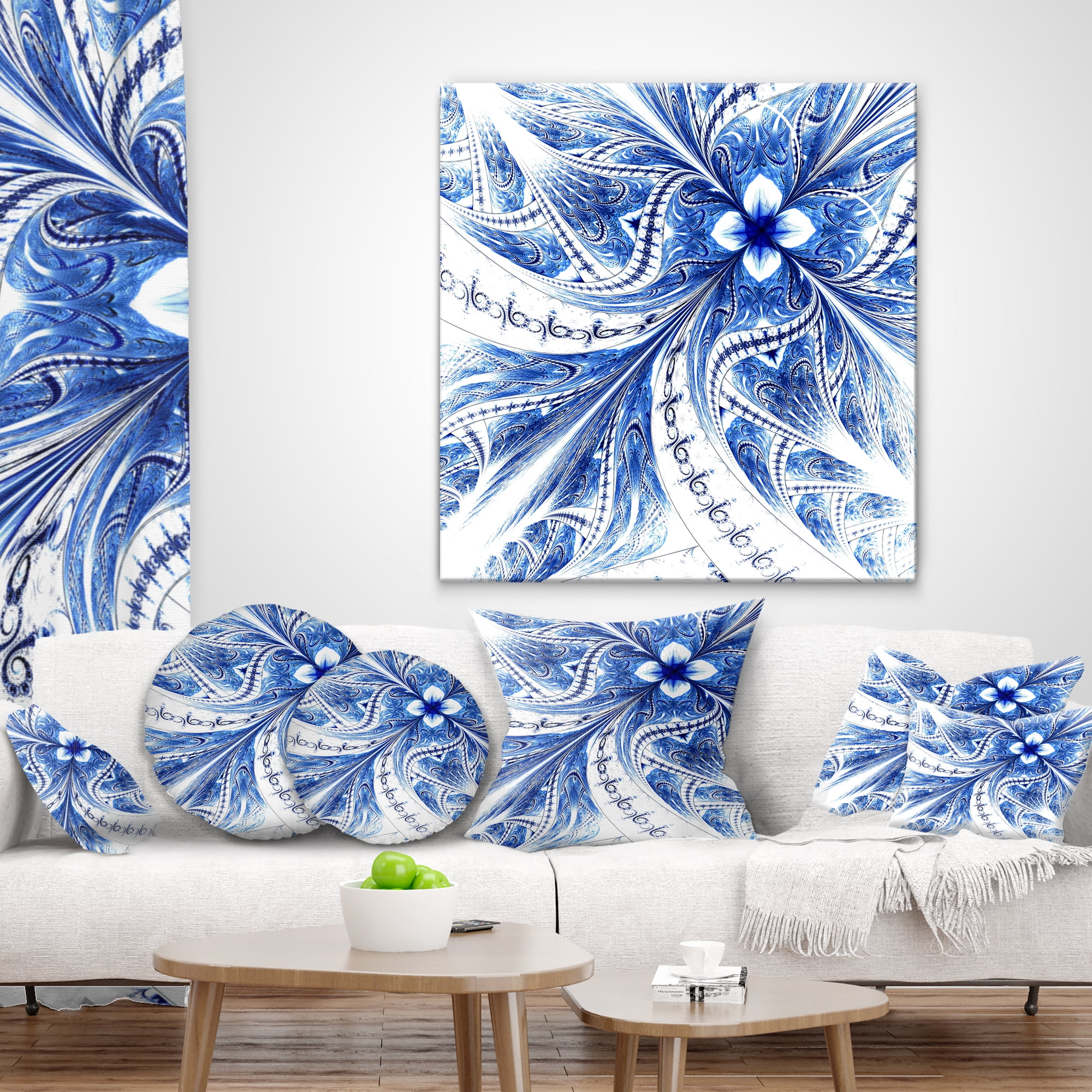 Designart Light Blue Fractal Flower Pattern Digital - Floral Throw Pillow - 16x16
