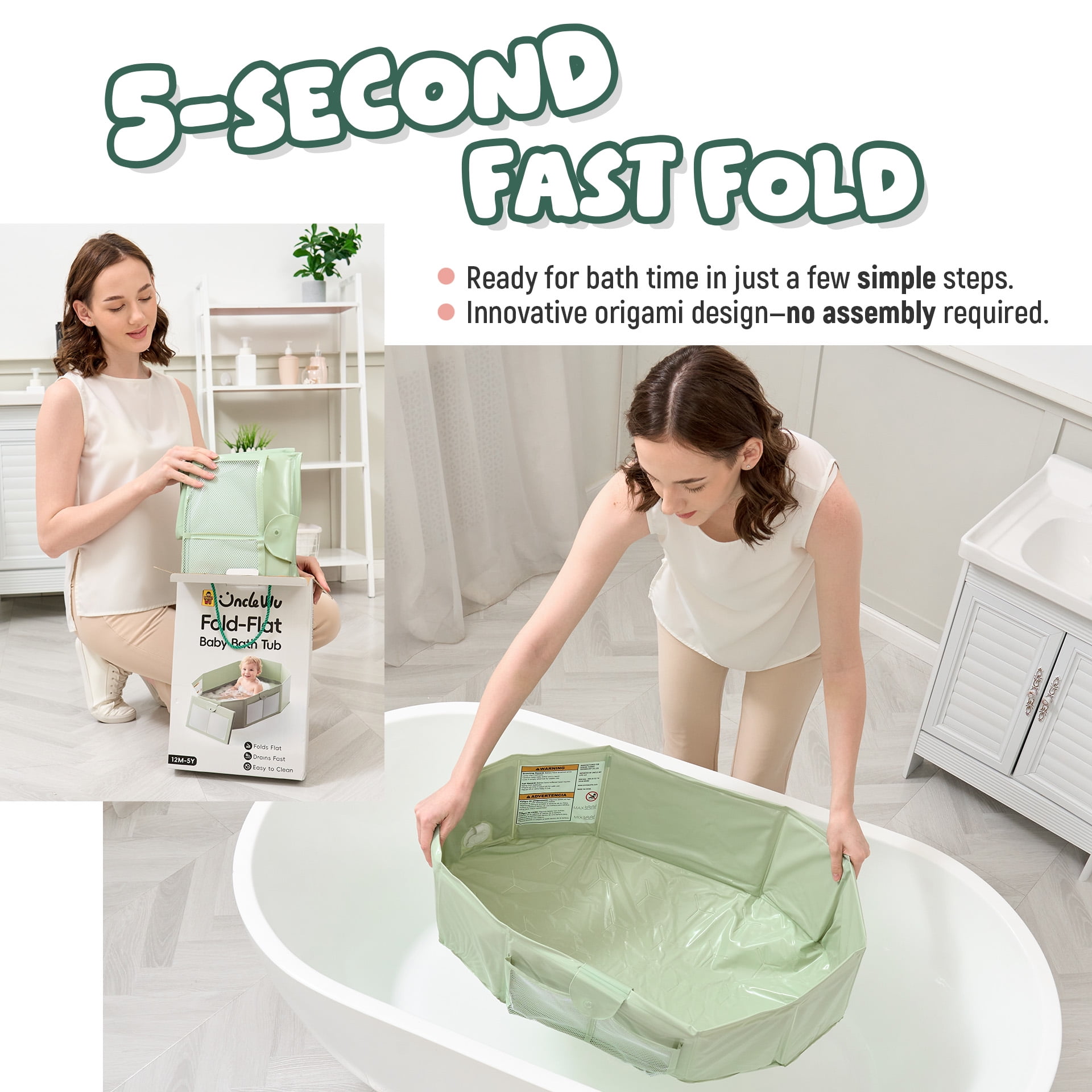 UNCLE WU Foldable Baby Bathtub for Toddlers (12M-5Y) – Portable Travel Bath Tub Converts Shower to Tub – Large Deep Collapsible Basin with Mesh Storage Pockets, Non-Slip & Fast Draining