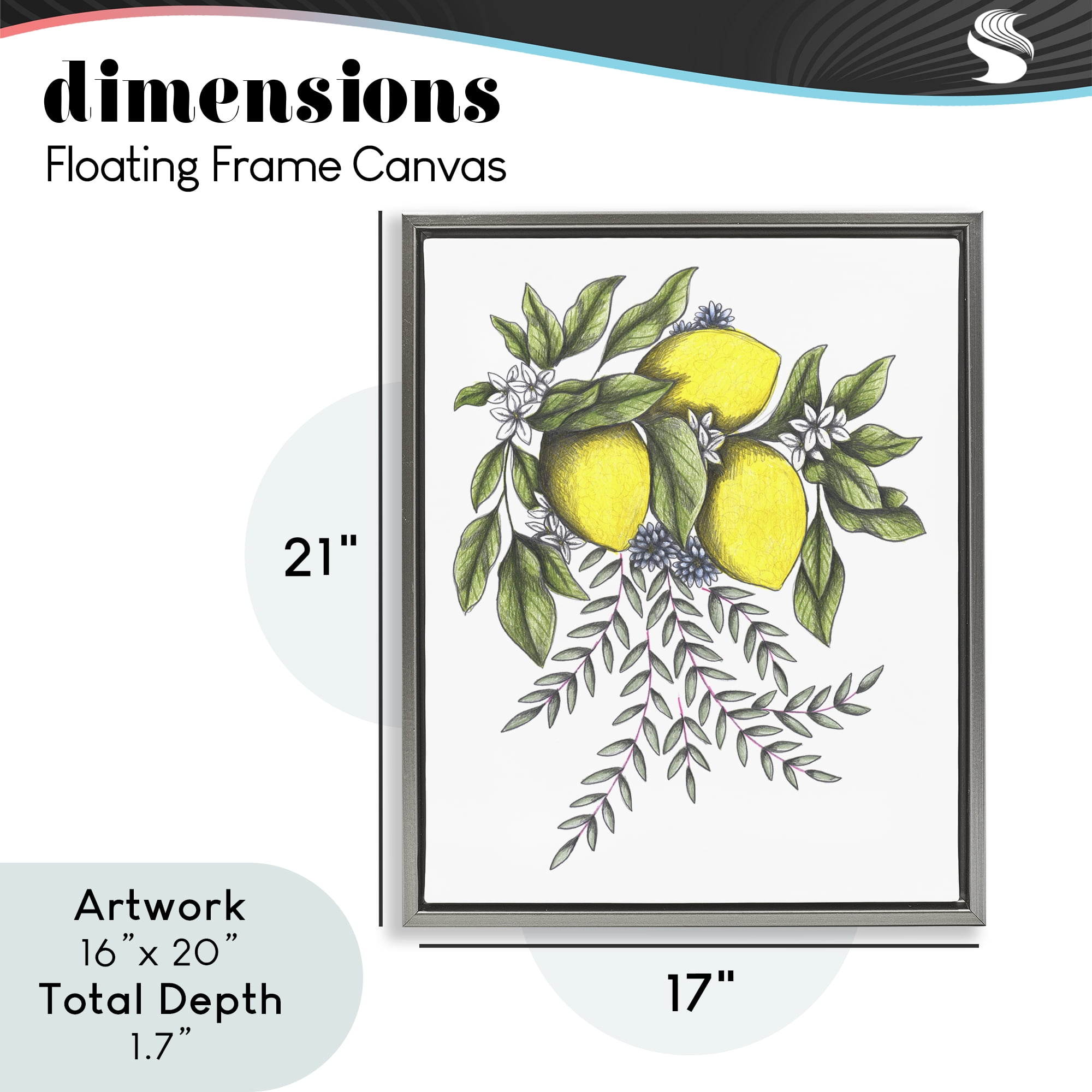 Lemons & Flowers Vintage Sketch Gray Framed Floater Canvas Wall Art, design by Cecilia Battaini