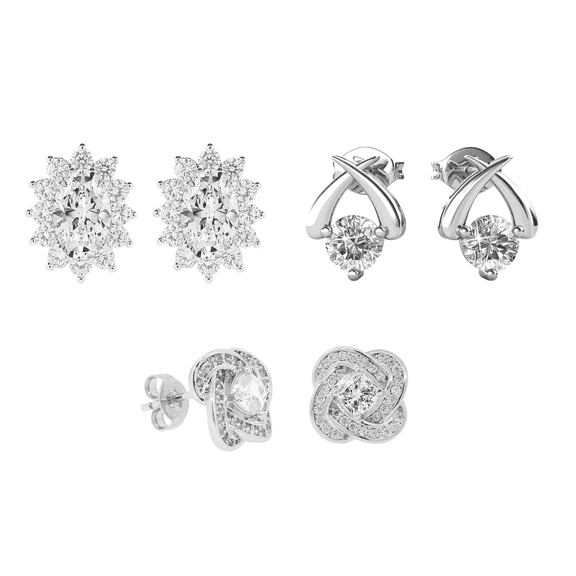 Cate & Chloe Pack of 3 - Eloise, Stella & Sage 18k White Gold Plated Stud Earrings Set with Flawless Crystals for Women