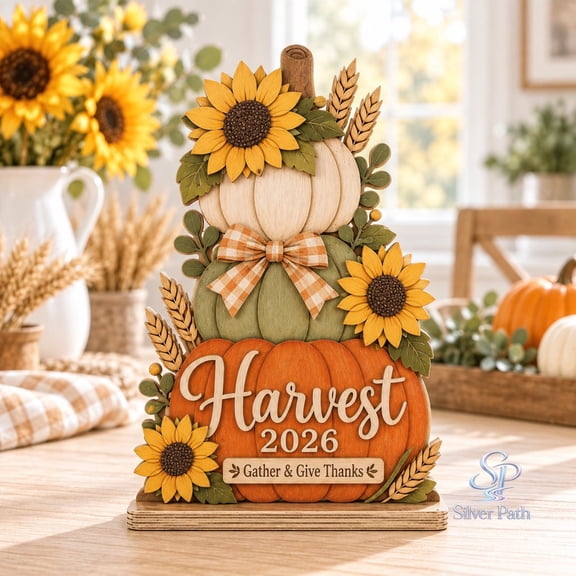Thankful Pumpkin Wooden Block 2 Layer, Sunflower Harvest Tabletop Decor for Thanksgiving