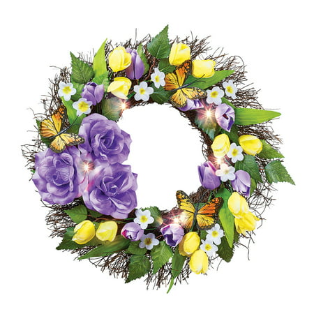 Purple and Yellow Light Up Flower and Butterfly Wreath - Spring Décor for Home or Outdoor Accent