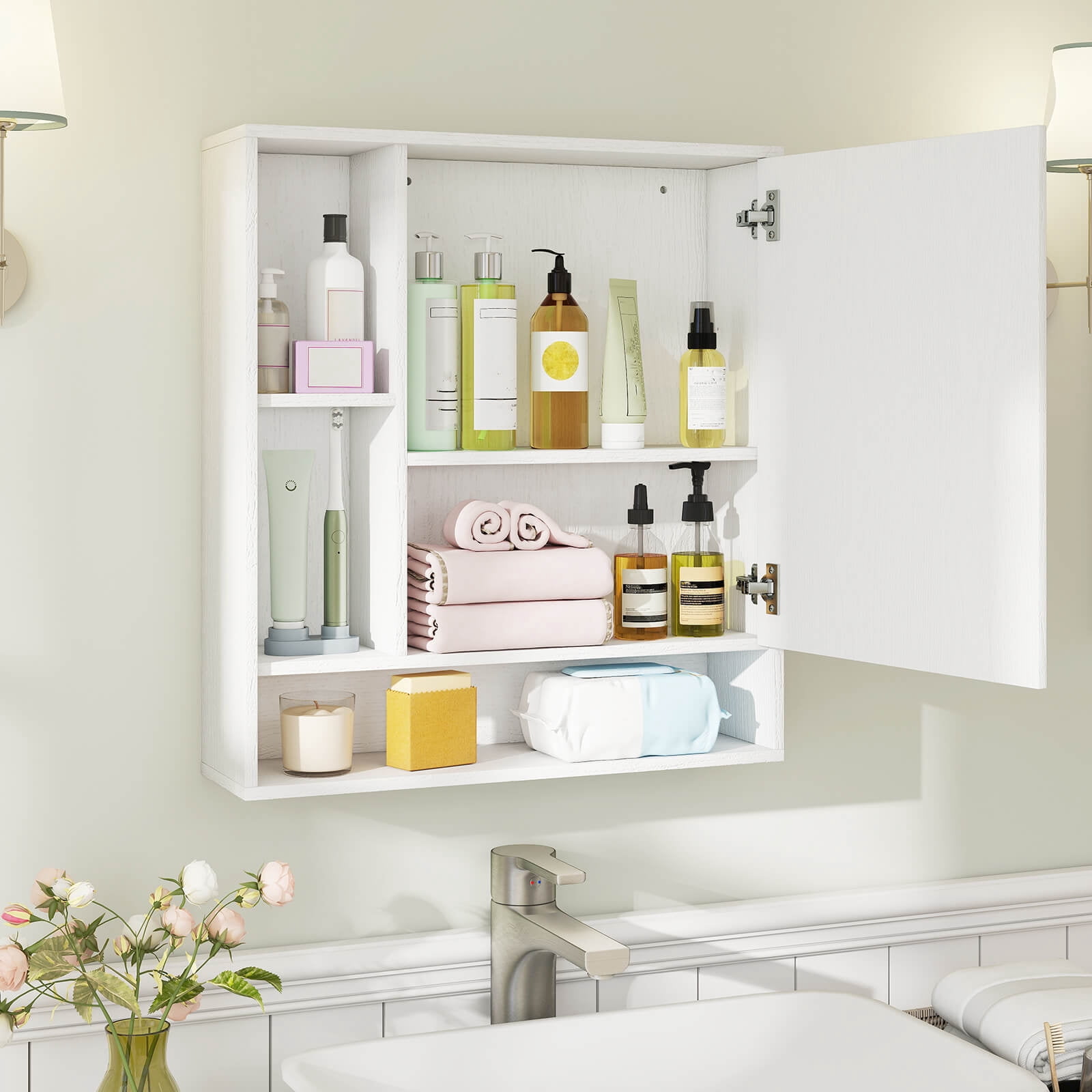 Costway Bathroom Wall Cabinet with Mirror, Single Door, 3 Open Shelves & Adjustable Shelf White