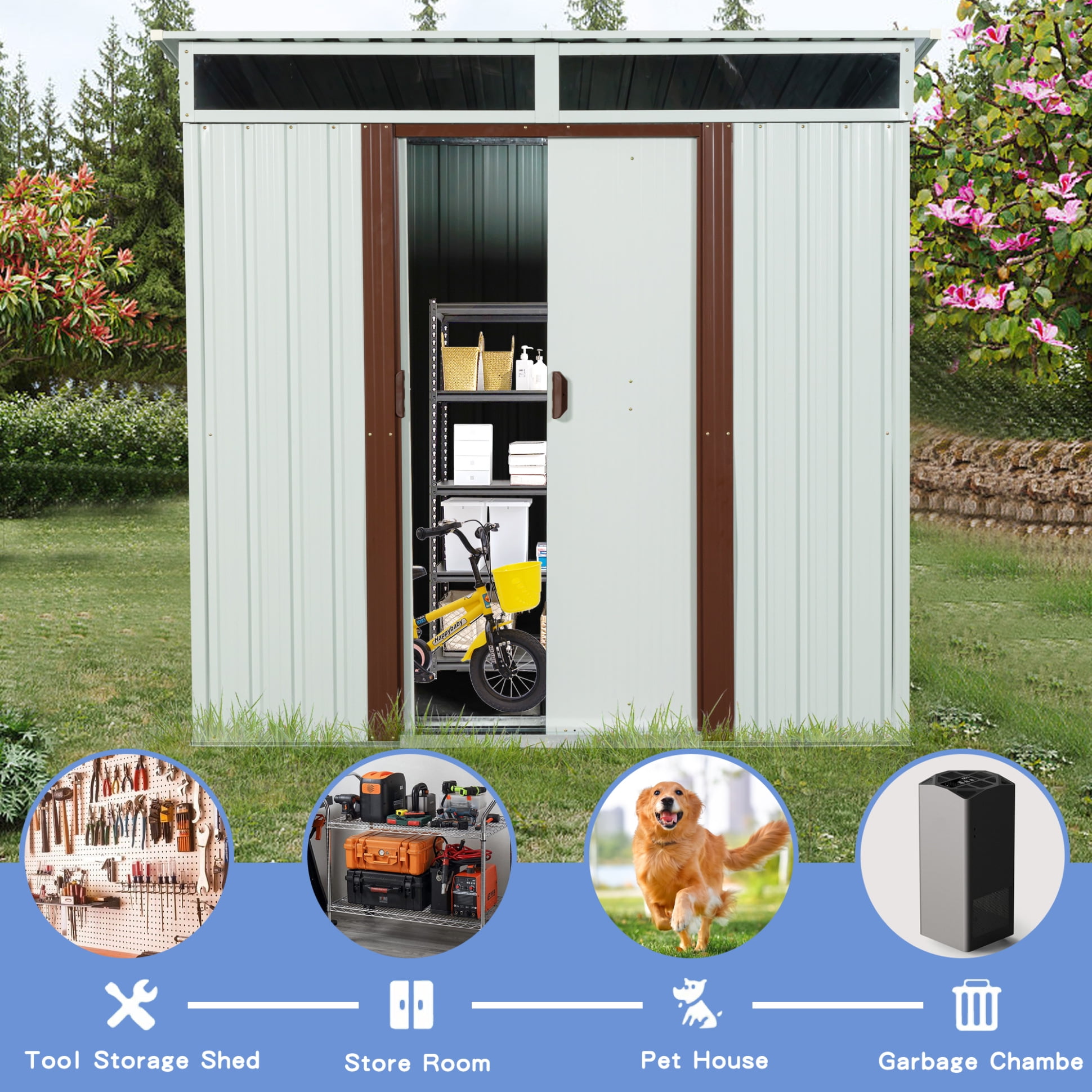 6X5 FT Outdoor Metal Storage Shed with Foundation, Waterproof Garden Tool Shed with Window, Lockable Sliding Doors and Sloped Roof for Garden, Backyard, White
