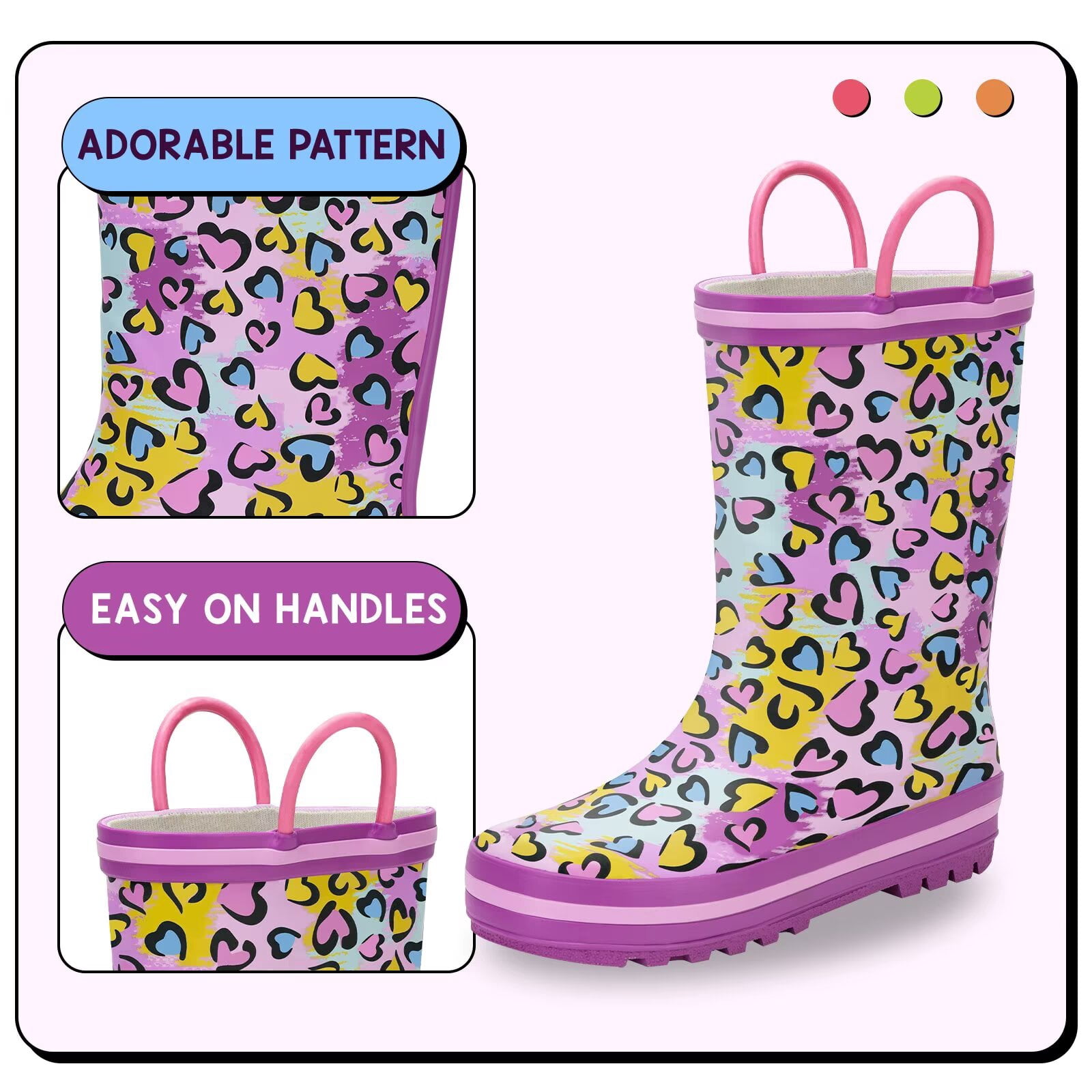 EUXTERPA Toddler Rain Boots for Girls Waterproof Kids Heart Rubber Boots with Easy On Handles Toddler Size 5