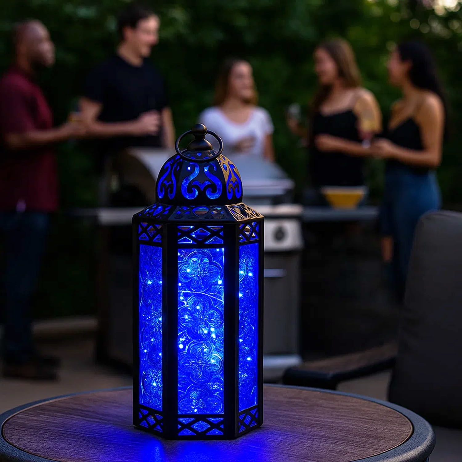 Moroccan Metal Candle Lantern Holder with LED Fairy String Lights