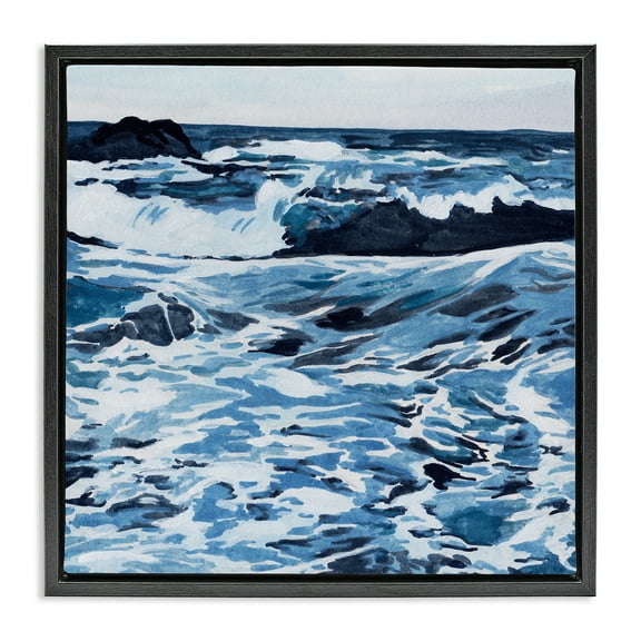 Stupell Industries Blue Coastal Waves Landscape Painting Black Floater Framed Canvas Art Print Wall Art, 18 x 18