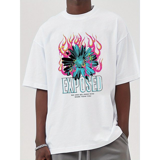 1-Pack Mens Neon Flame Flower Graphic T-Shirt - 100% Cotton Crew Neck Short Sleeve, Digital Direct Injection Print, Regular F