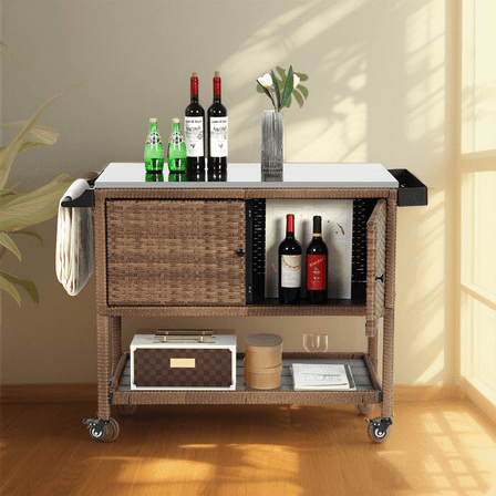 YIYADO Outdoor Wicker Bar Cart, Patio Wine Serving Cart , Rolling Rattan Beverage Bar Table for Backyard Garden Party, Brown