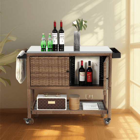 YIYADO Outdoor Wicker Bar Cart, Patio Wine Serving Cart , Rolling Rattan Beverage Bar Table for Backyard Garden Party, Brown