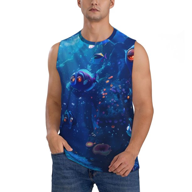 Fotbe Deep Sea Glowing Fishes Men's Camiseta sin Mangas Estampada para Hombres, Playera Casual para Gimnasio, Entrenamiento, Playa-3X-Large