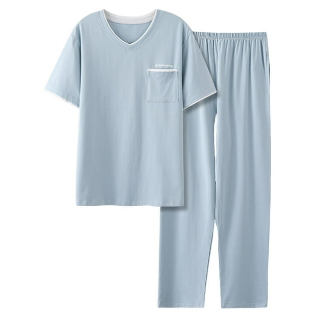 RKSTN Pajamas Set For Men Summer Solid Color Lounge V Neck Short Sleeve And Pants Pjs Sets Comfortable 2 Piece Comfy Fall Fashionable Loungewear