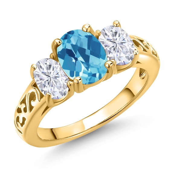 Gem Stone King 18K Yellow Gold Plated Silver Swiss Blue Topaz and White Moissanite Filigree Style 3 Stone Ring for Women (2.30 Cttw, Oval 8X6MM and 6X4MM) (Size 9)