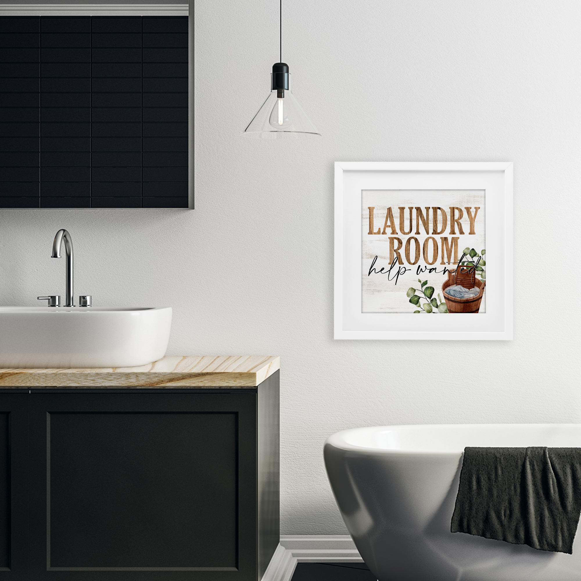 Help Wanted Rustic Laundry Room White Framed Print Under Glass, design by Kim Allen