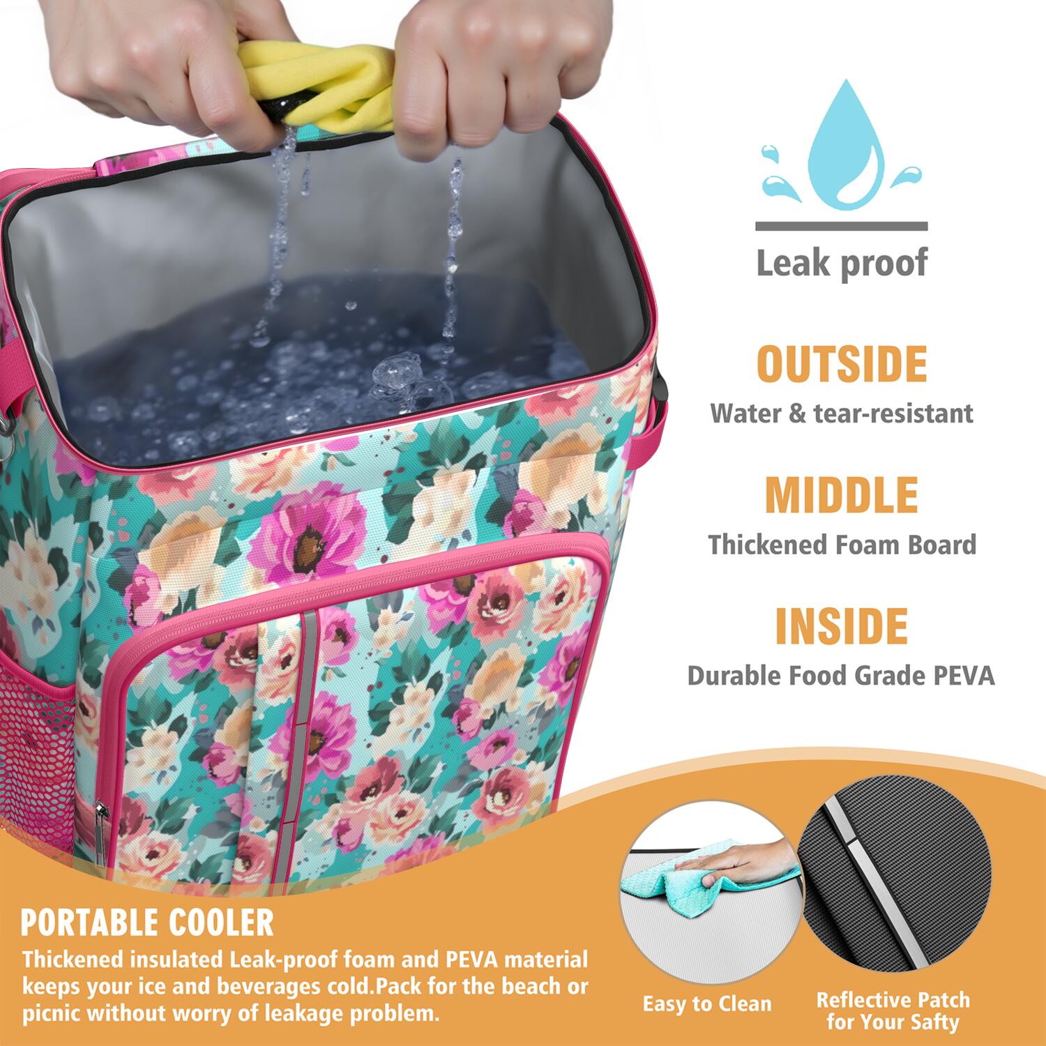 Travel Cooler Bag - Pioneer Flower Floral Print Pattern Camping Beer Cooler Backpack with Bottle Opener- Waterproof Insulated Picnic Backpacks - Cooler Bag for Beach