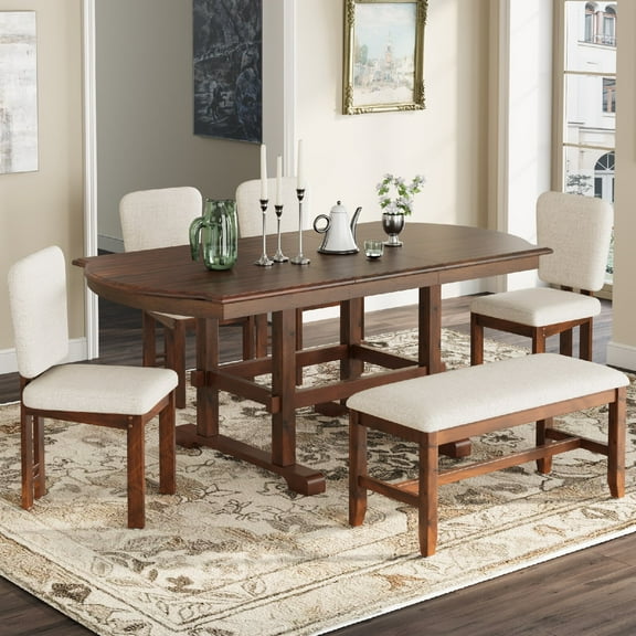 6 Pieces 78" Extendable Wood Dining Table Set with Bench, Traditional Kitchen Table Set with 18" Removable Leaf and 4 Upholstered Dining Chairs, Espresso Beige