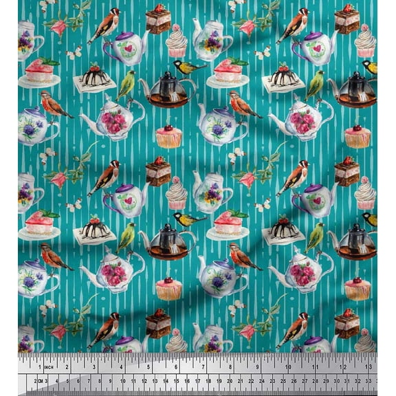 Soimoi Rayon Fabric Bird,Tea Kettle & Cupcake Food Printed Fabric 1 Yard 42 Inch Wide