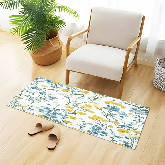 White Blue Yellow Florals Green Leaves Plush Carpet Non Slip Runner Rug Absorbent Bath Mat 39" x 20"
