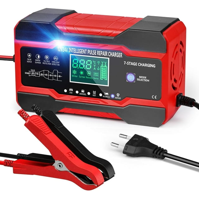 Chargeur de Batterie de Voiture 10A 12V/24V Chargeur Intelligent pour Moto avec Écran Tactile LCD et 5 Modes de Réparation Rouge