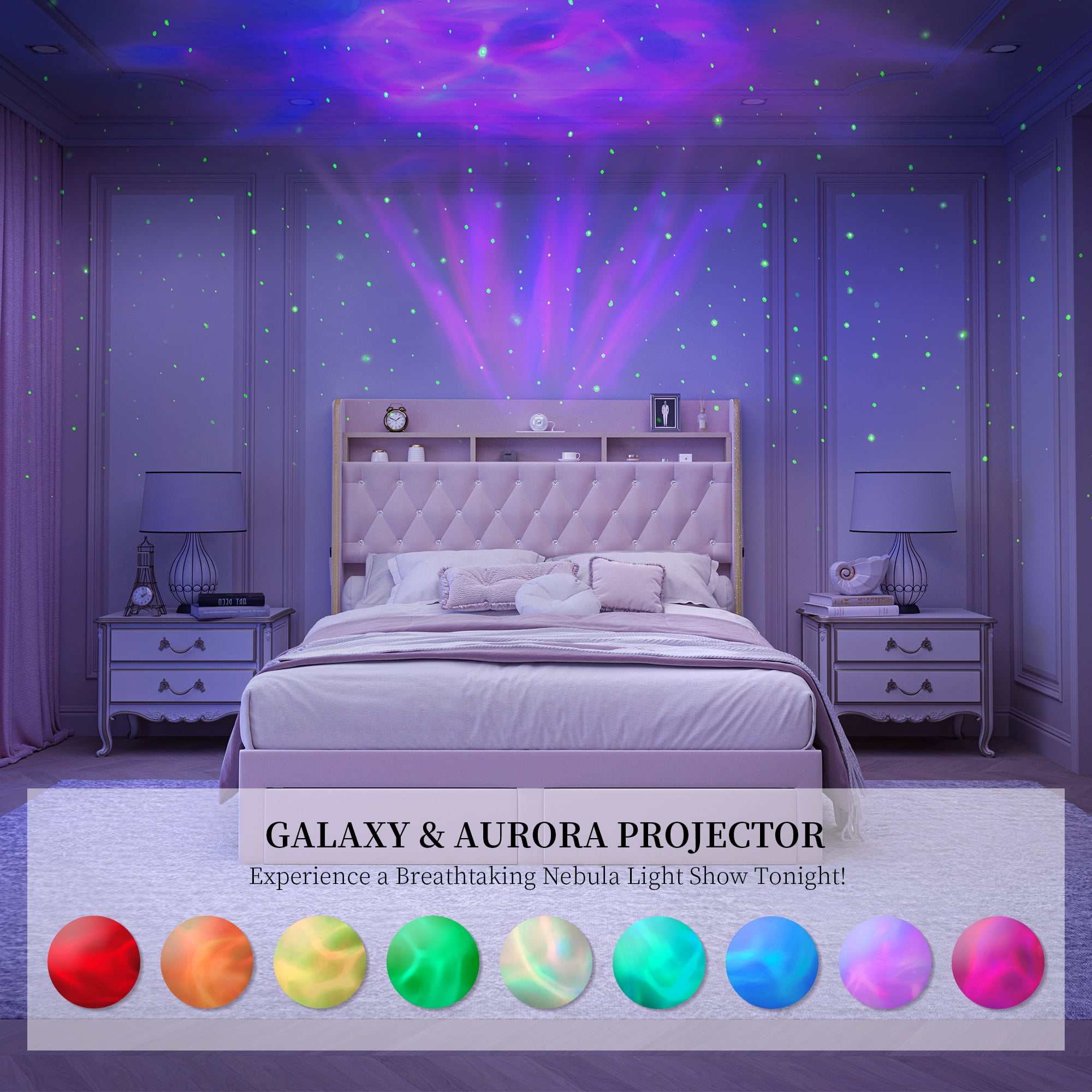 SIBEDS LED Bed Frame with 2 Storage Drawers and Galaxy Star Projector Velvet Upholstered Pink Tufted Wingback Headboard, Full