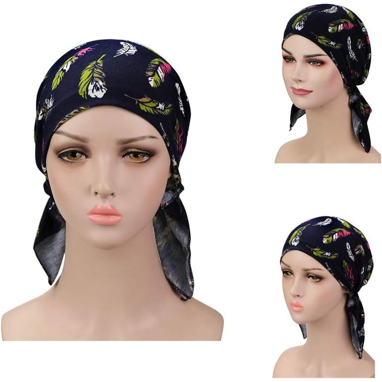 Pre Tied Chemo Head Scarf Pack of 3, Beanie Skull Cover Cap 