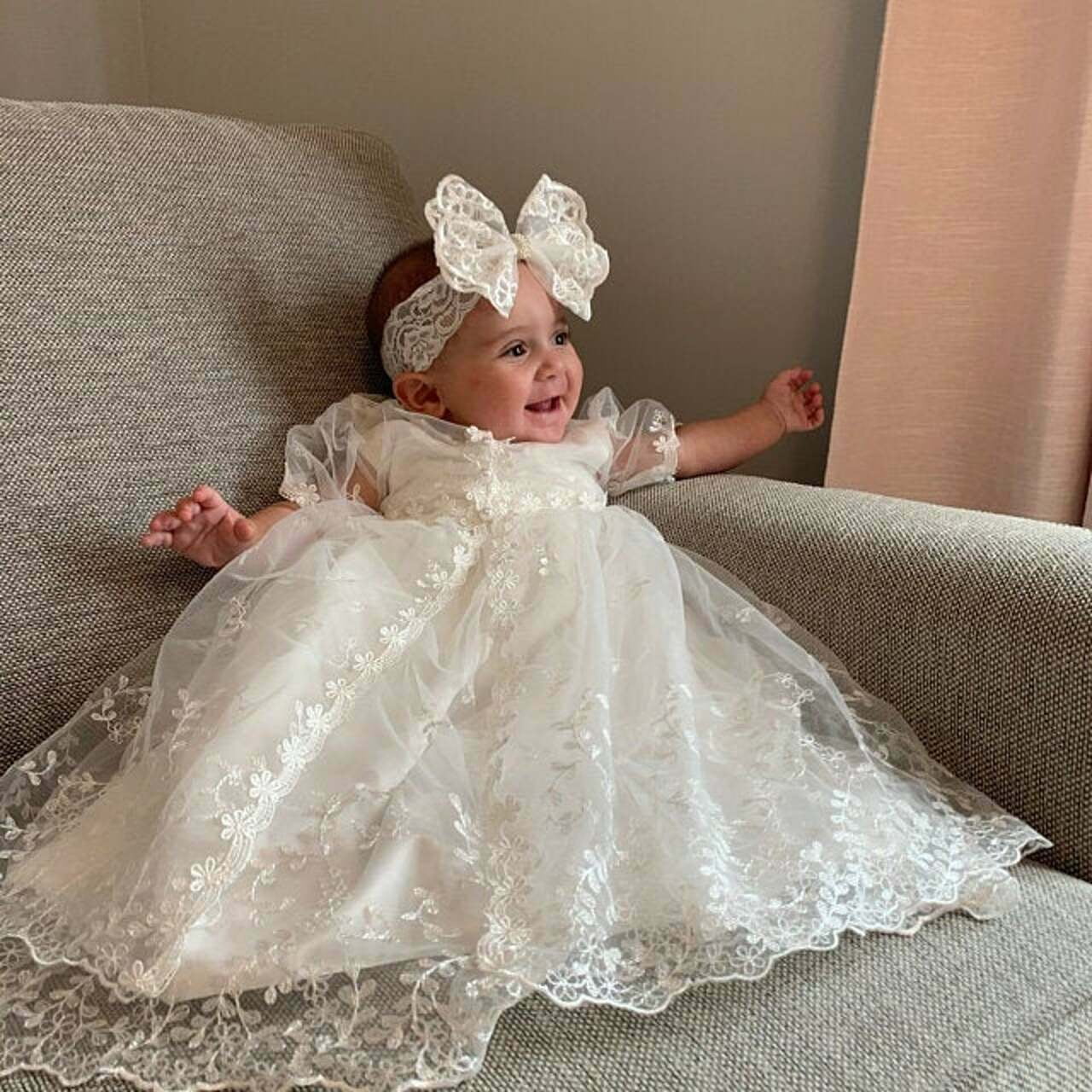 Baby Flower Girls White Embroidered Organza Dress Gown Christening Baptism New 
