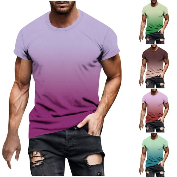 RYDCOT Men's Gradient Color CottonT-Shirt Short Sleeve Crewneck Short Sleeved Top Stretch Round Neck Basic Gradient Shirts Purple