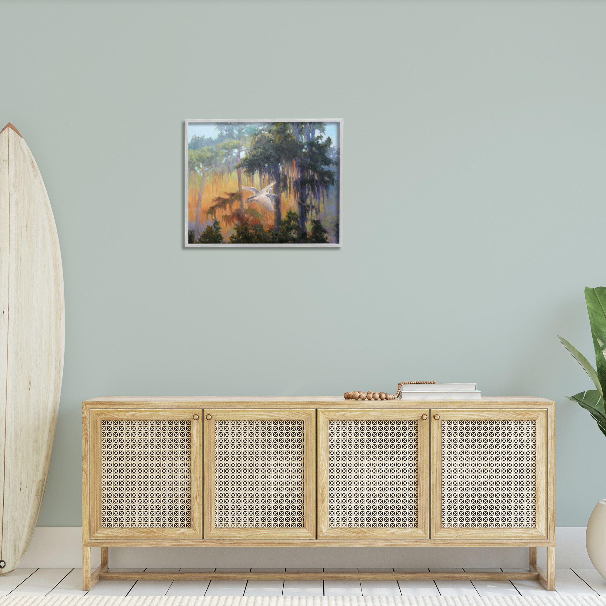 Stupell Industries Flying Egrets in Forest Animals & Insects Painting Gray Framed Art Print Wall Art, 30 x 24