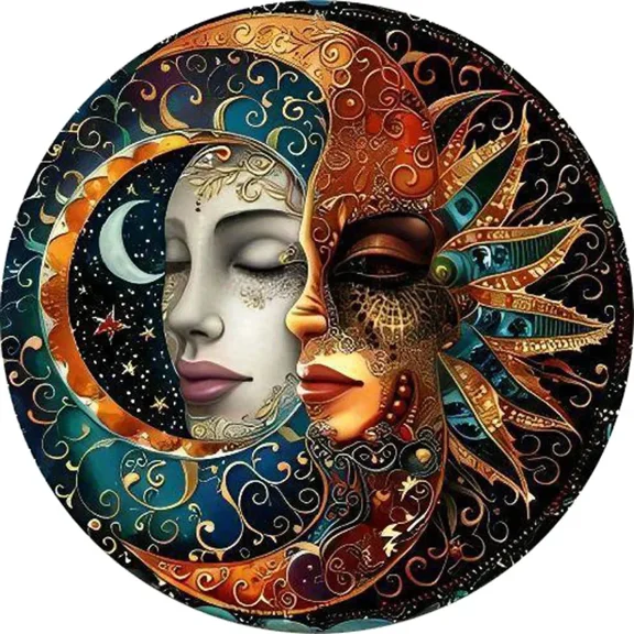 HELLOYOUNG Handcrafted Gilded Patina Round Metal Wall Art – Sun-Moon Celestial Mandala | Rustic Boho Decor for Indoor/Outdoor Sanctuaries