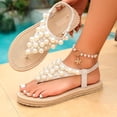 thumbnail image 6 of Samdudou Flat Sandals for Women Open Toe Slingback Slip On Shoes Elegant Faux Pearl Embellished Elastic Ankle Strap Bohemian Summer Vacation Seaside Footwear, 6 of 6