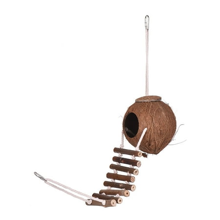Folding Bird Perch Bird House Nest Coconut Hideaway Perch with Ladder Bird Cage Accessories Swing Toy for Budgerigar Macaw Parakeet Cockatoo ()