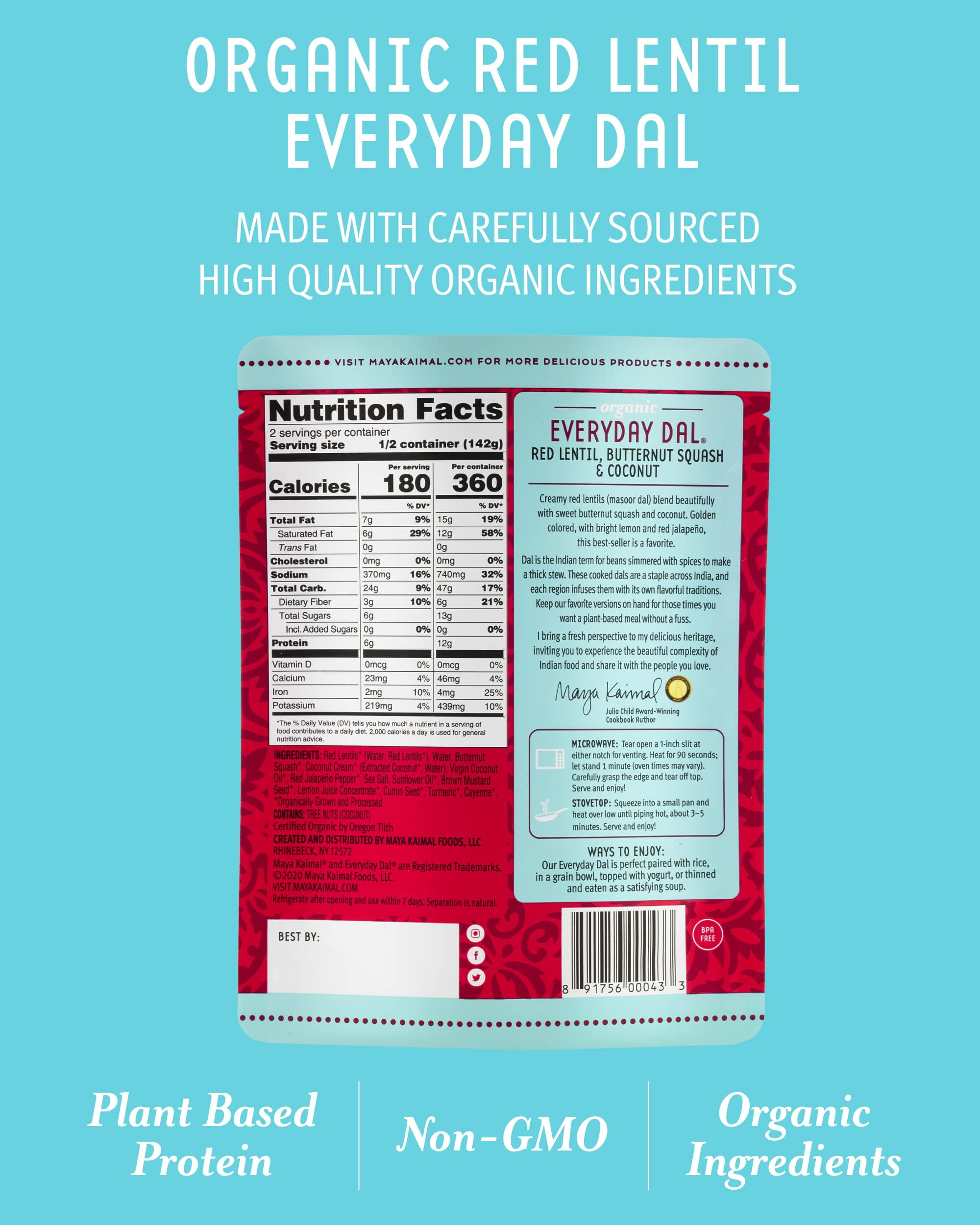 Maya Kaimal - Organic Indian Everyday Dal - Red Lentil 10oz - Fully Cooked with Butternut Squash and Coconut - Vegan - Microwavable - Ready to Eat Meals- Pack of 6